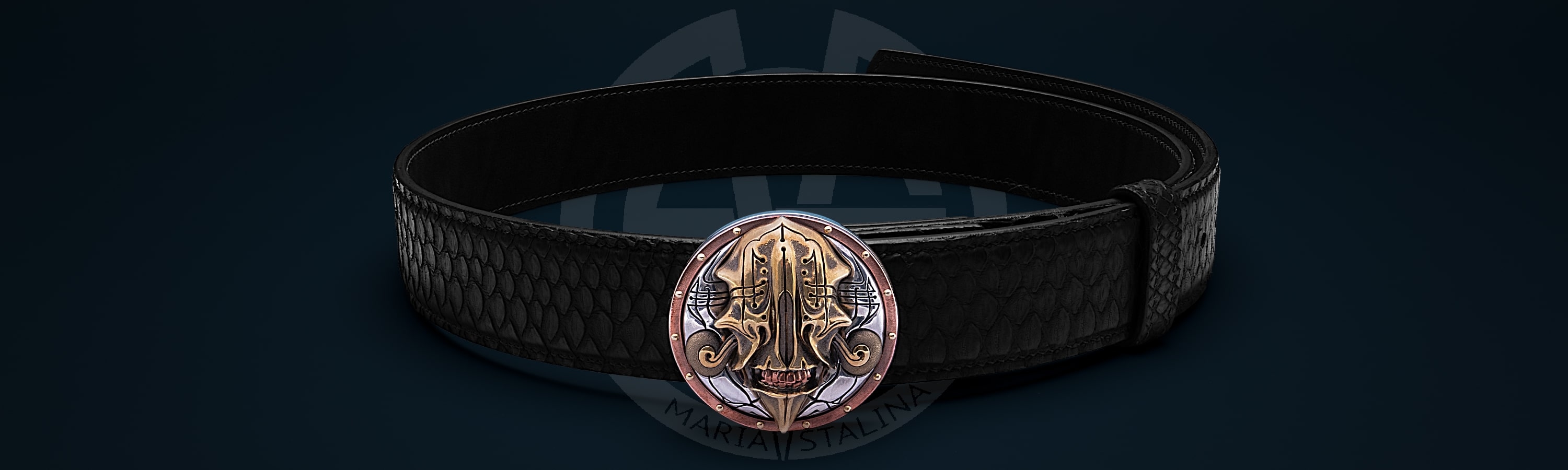 Belt with author's buckle "Gloomy Samurai" Python black_1