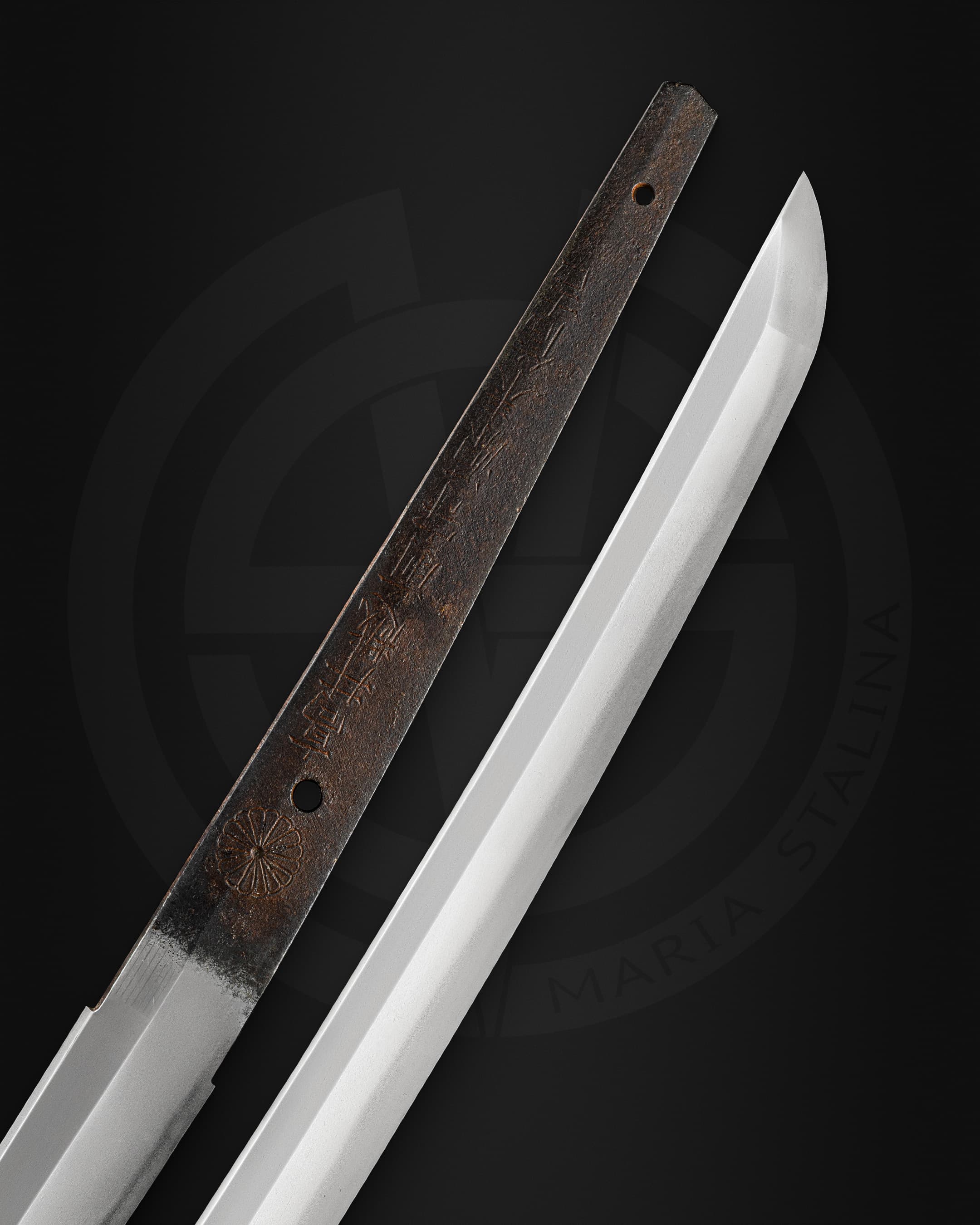 Imperial chrysanthemum engraving on katana tang