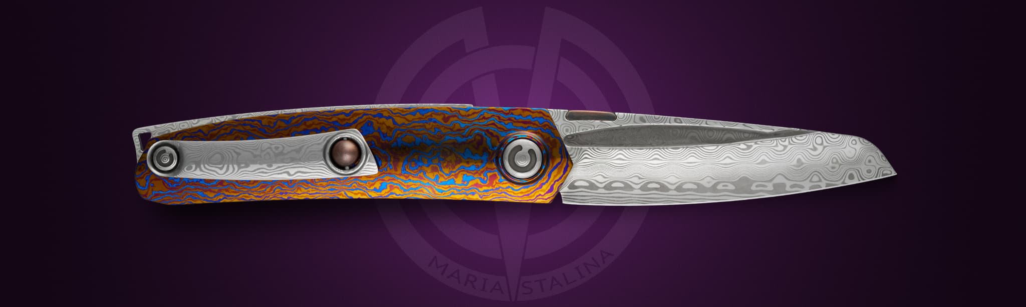 Tachycardia Rajah timascus handle collectible knife back view