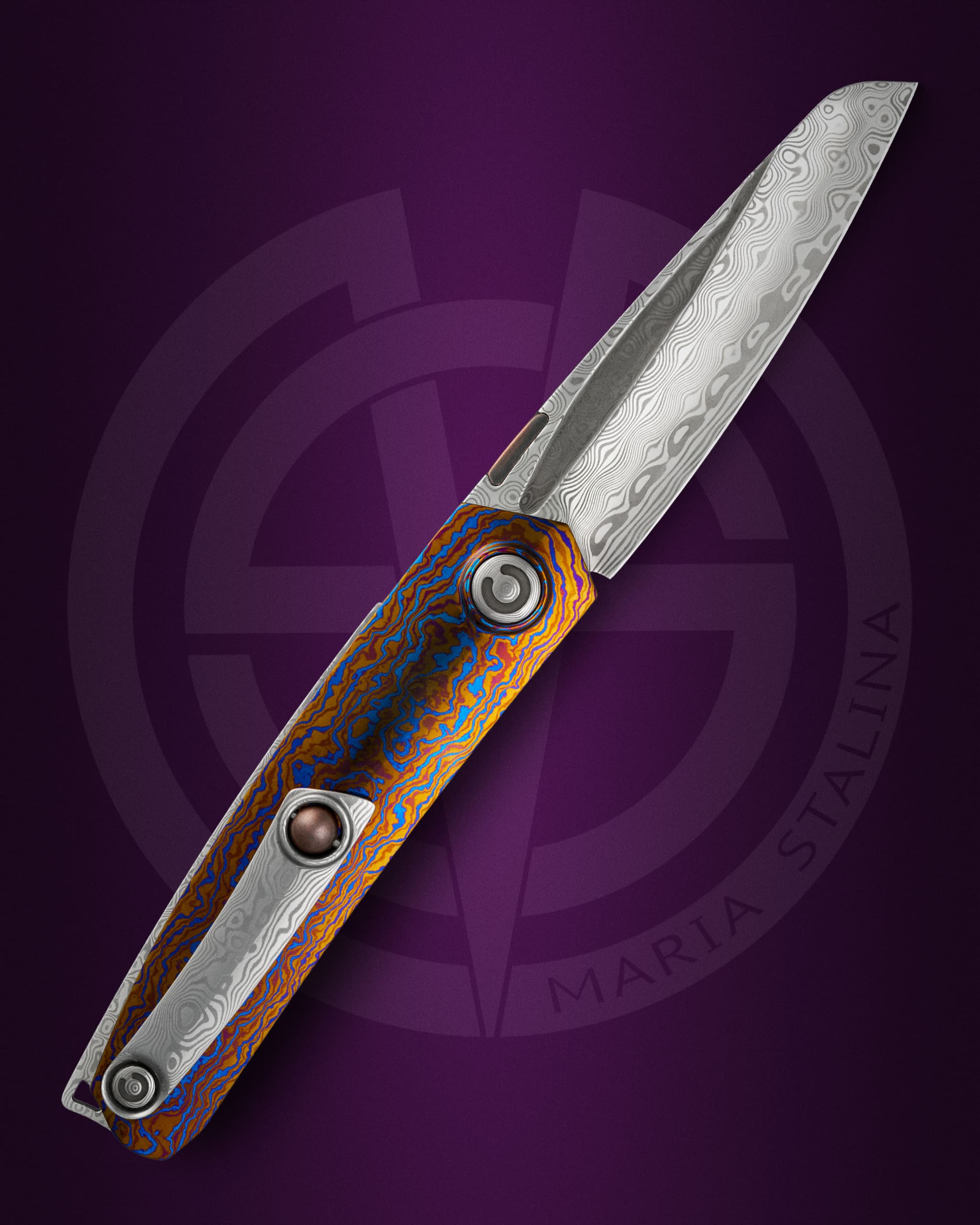 Tachycardia Rajah timascus handle collectible knife back view