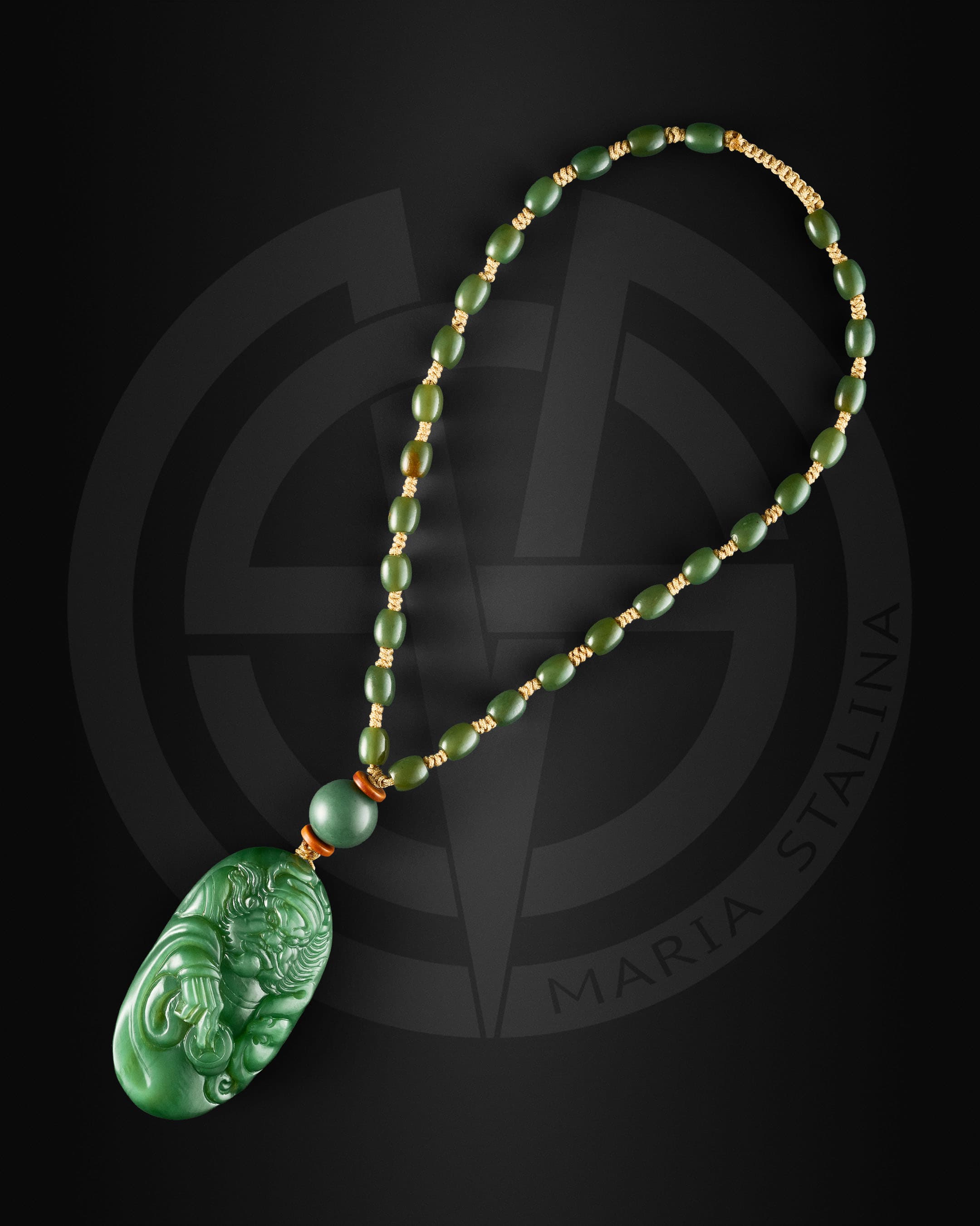 амулет Чжун Куй из нефрита wenwan фронтальный вид нефритовые бусины