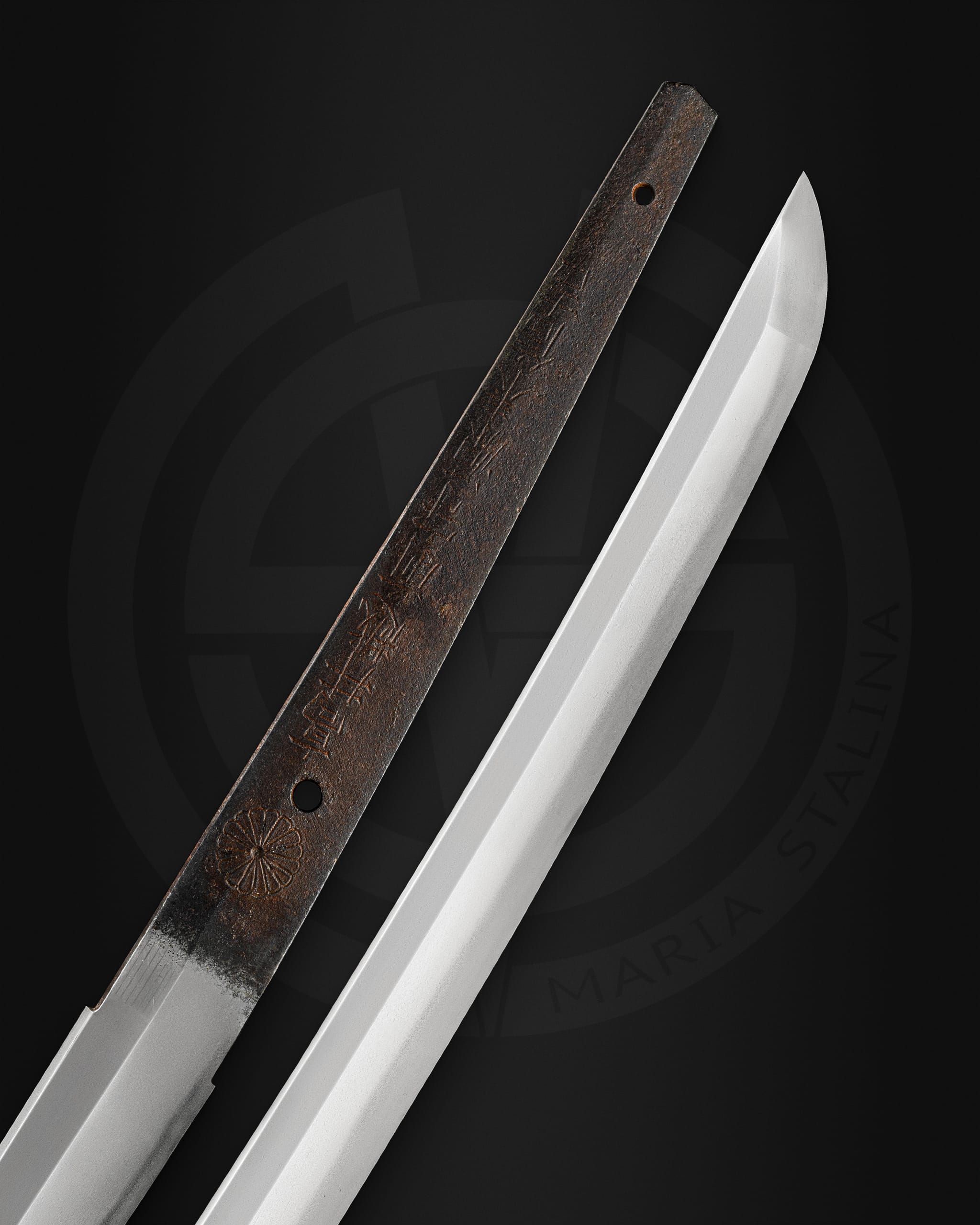 Imperial chrysanthemum engraving on katana tang