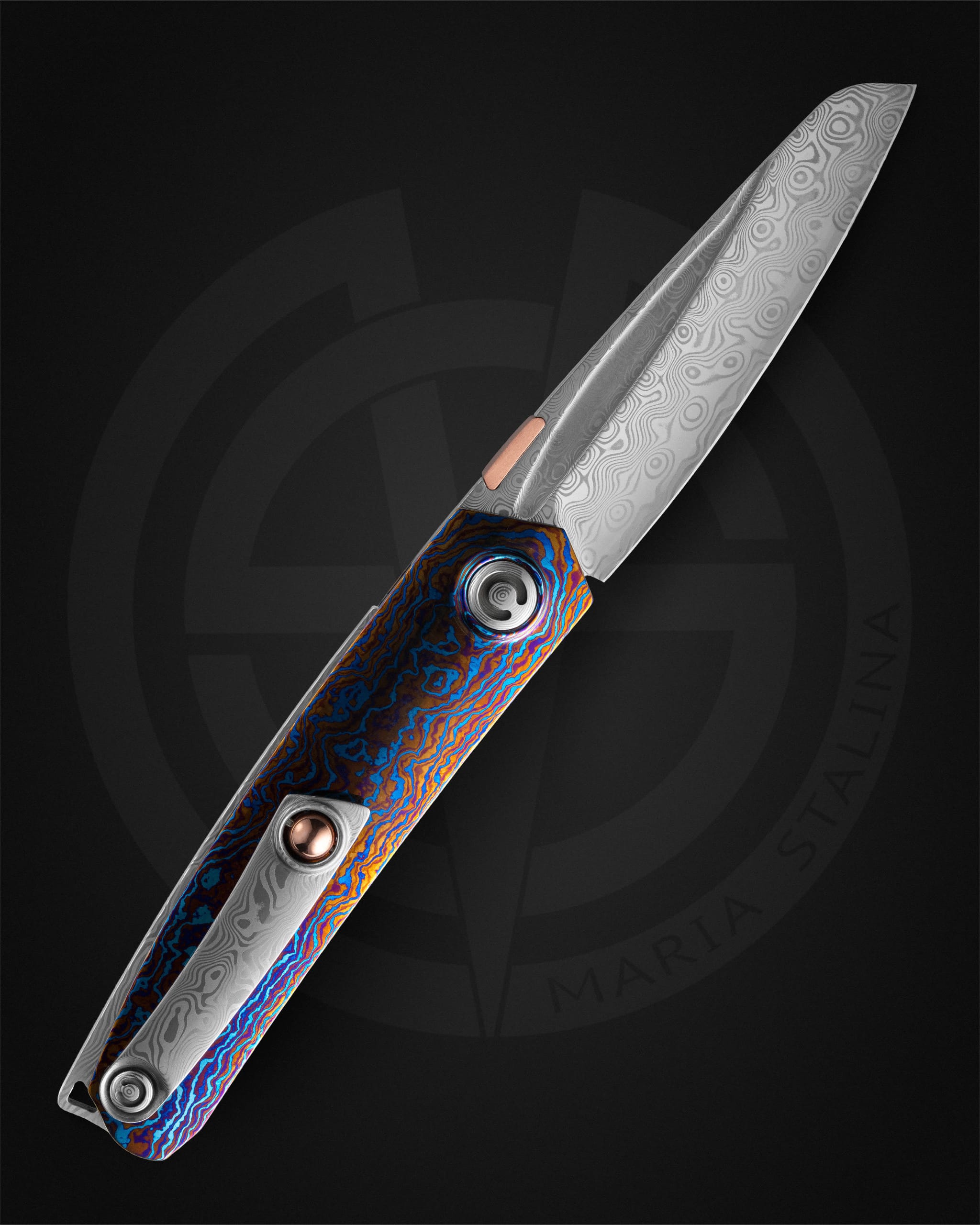 Tachycardia Mandarin — кастомный нож из RWL Damasteel с рукоятью из тимаскуса, уникальный рисунок.