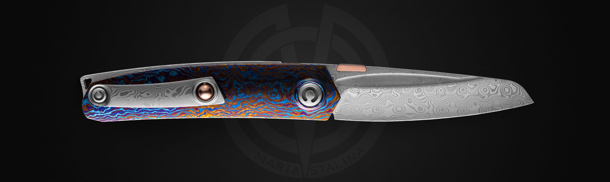 Tachycardia Mandarin — кастомный нож из RWL Damasteel с рукоятью из тимаскуса, уникальный рисунок.