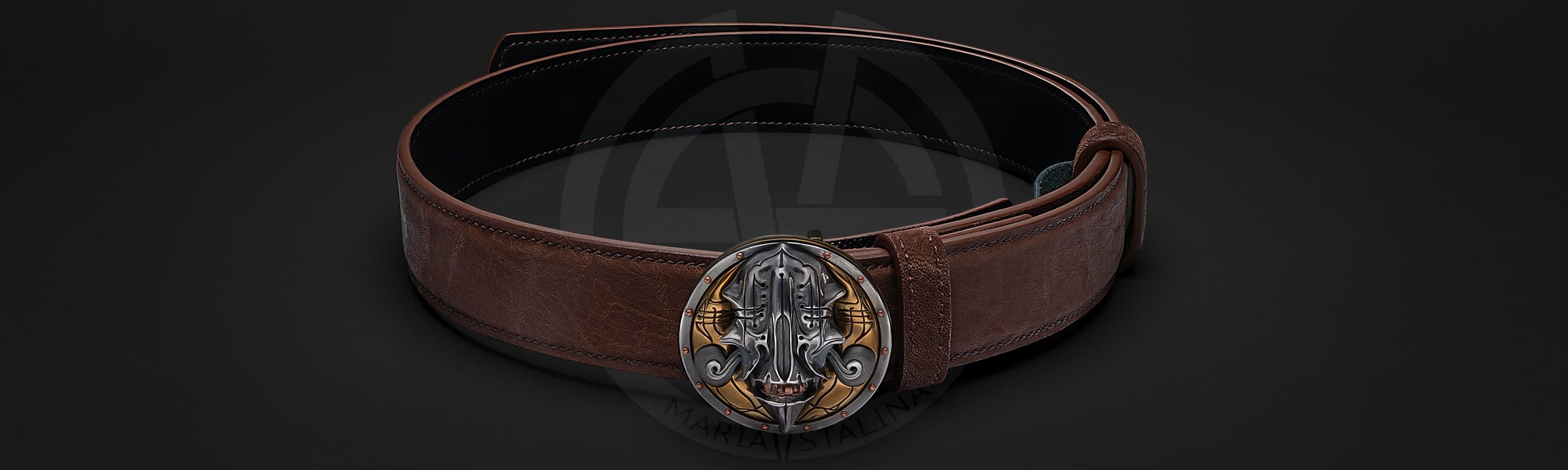 Belt with author's buckle «Gloomy Samurai» Elephant brown_1 Belt with author's buckle «Gloomy Samurai» Elephant brown_1