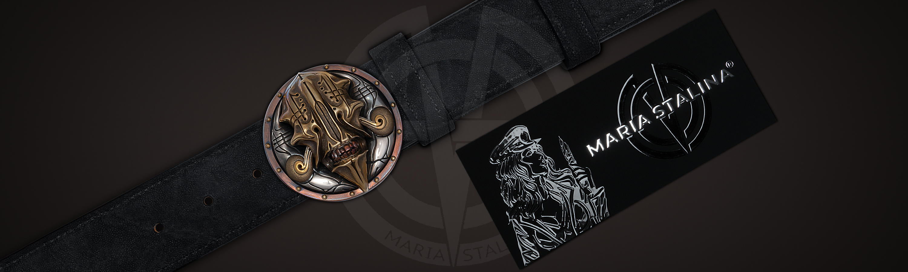 Черный кожаный ремень с авторской металлической пряжкой Gloomy Samurai