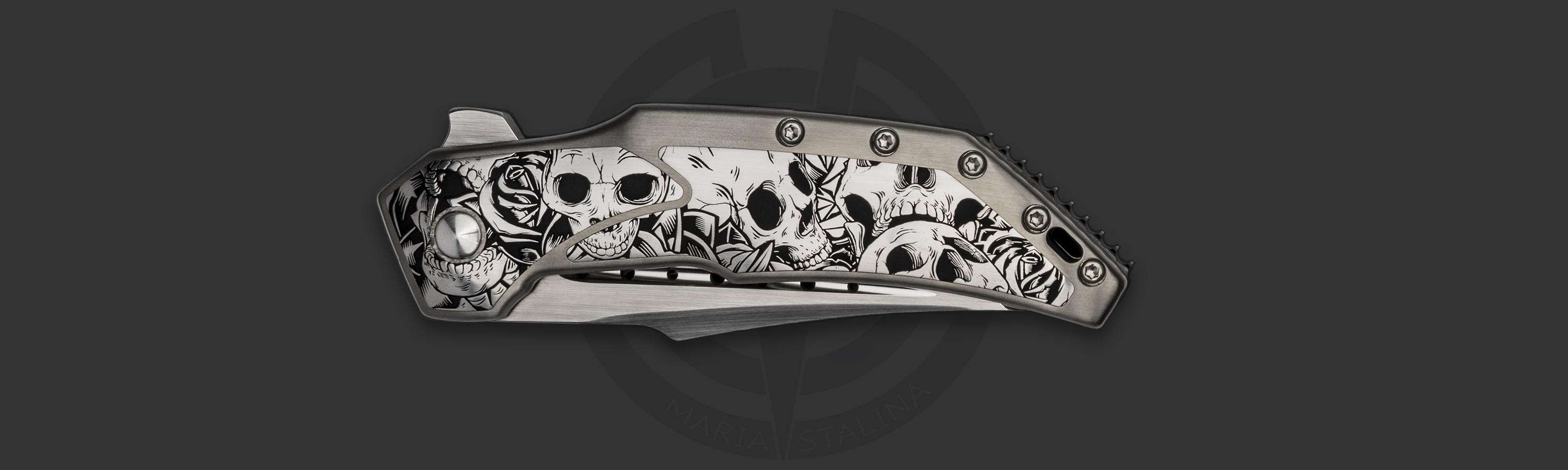 Engraved with Skulls & Roses Stainless Steel