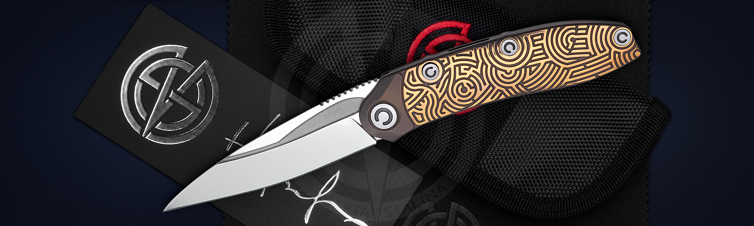 Technoshaman 2.0 Slim Gold Signature 7/10 Knife with Case, certificate, microfiber