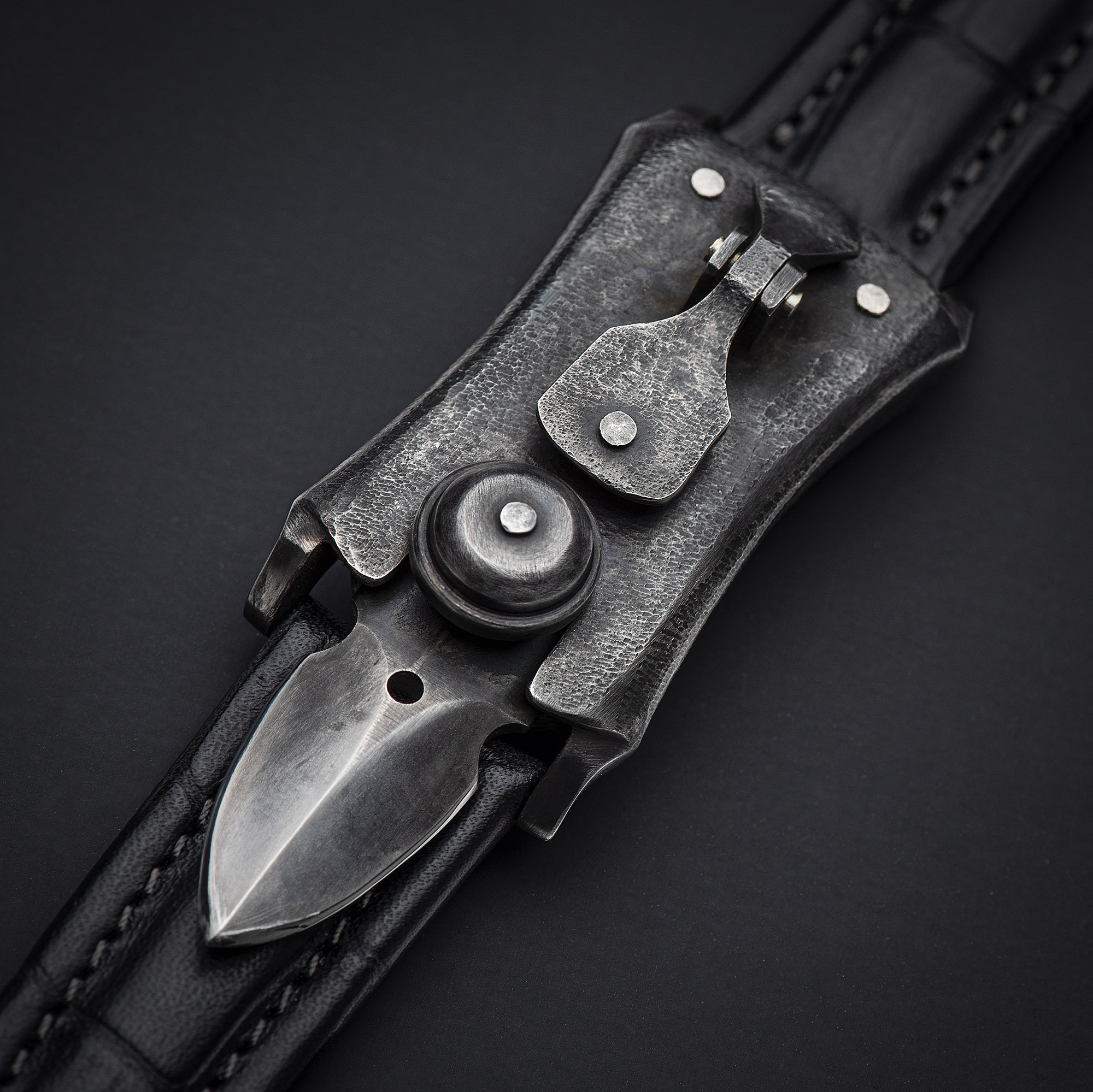 Black leather bracelet with knife by Hidetoshi Nakayama